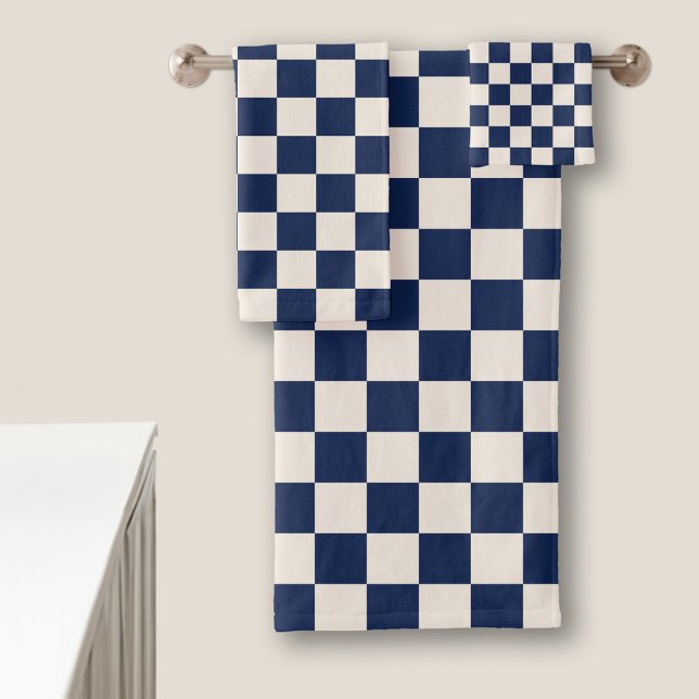 Navy Blue and Cream Chequered Pattern Bath Towel Set (Navy Blue and Cream Checkered Pattern Bath Towel Set in situ)