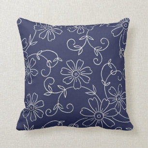Navy Blue and Cream Floral Decorative Pillow