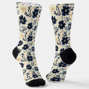 Navy Blue And Cream Folk Art Floral Garden Socks
