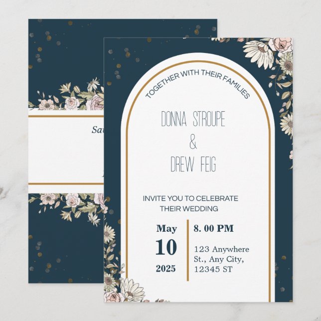 Navy Blue and Cream Illustrated Flowers Wedding  Invitation (Front/Back)