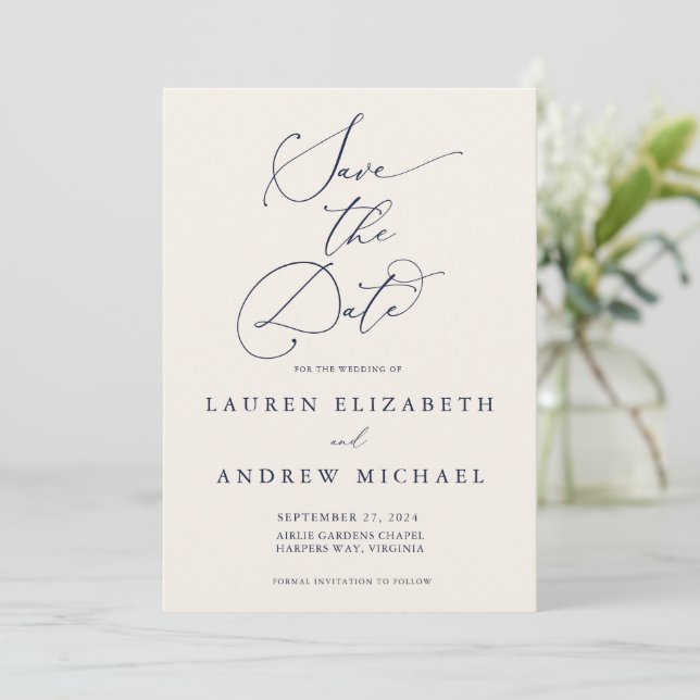 Navy Blue and Cream Minimalist Save the Date Invitation (Standing Front)