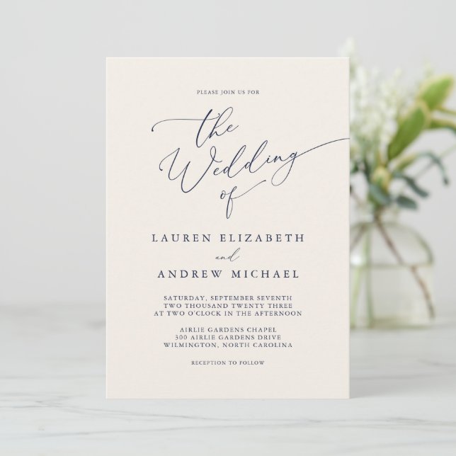 Navy Blue and Cream Minimalist Wedding Invitation (Standing Front)