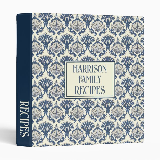 Navy Blue and Cream Seashell Pattern Recipe Binder (Front/Spine)