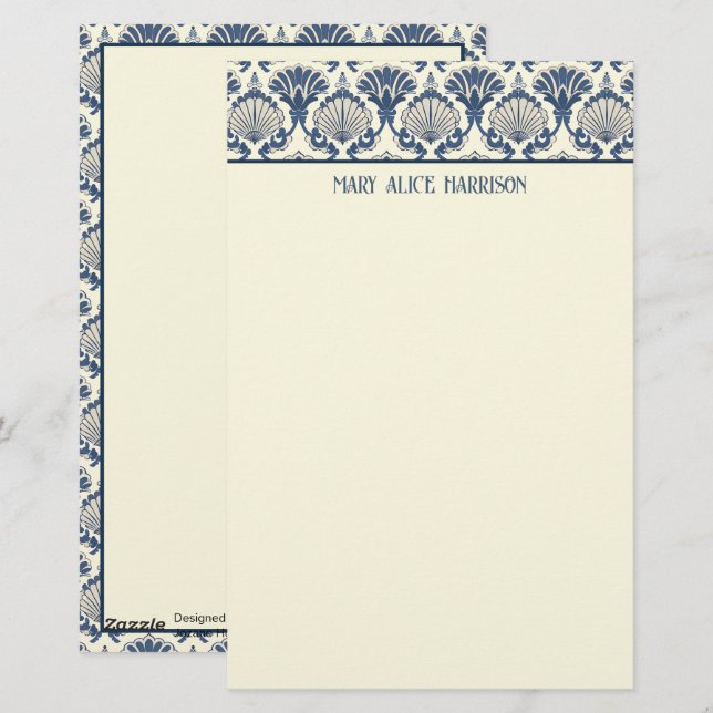 Navy Blue and Cream Seashell Pattern  Stationery (Front/Back)