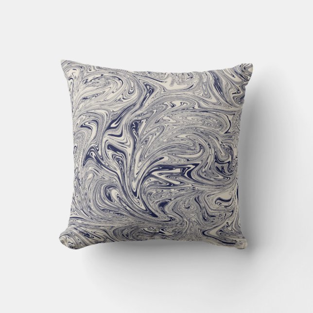 Navy Blue and Creamy White Marble Swirl Throw Pillow (Front)