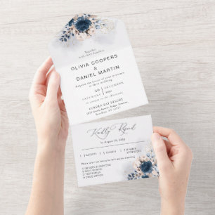 Navy Blue and Dusty All in One Wedding Invitation