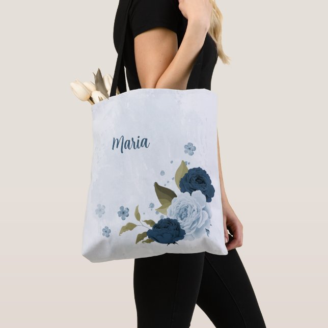 navy blue and dusty blue tote bag (Close Up)
