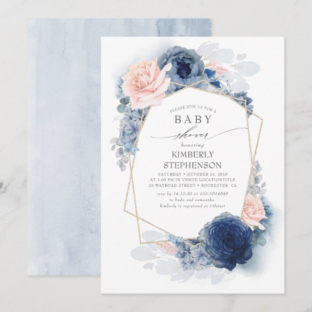 Navy Blue and Dusty Pink Floral Baby Shower Invitation (Front/Back)