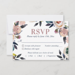 Navy Blue and Dusty Pink Floral Elegant Wedding RSVP Card