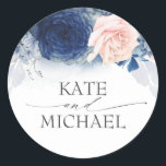 Navy Blue and Dusty Pink Floral Wedding Classic Round Sticker<br><div class="desc">Elegant floral wedding stickers</div>