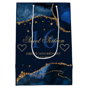 Navy Blue and Faux Gold Glitter Agate Sweet 16 Medium Gift Bag
