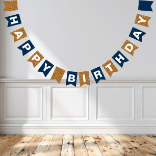 Navy Blue and Faux Gold Glitter Happy Birthday Bunting Flags