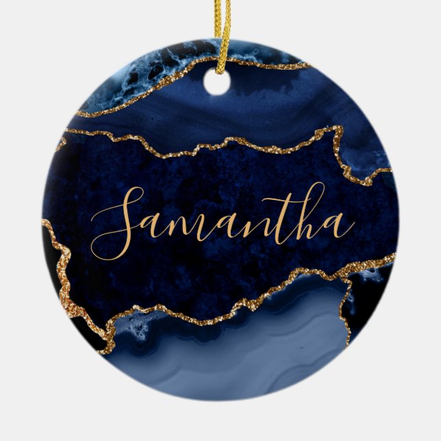 Navy Blue and Faux Gold Glitter Marble Agate Ceramic Ornament (Front)