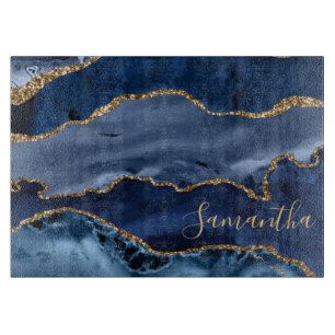 Navy Blue and Faux Gold Glitter Marble Agate Cutting Board