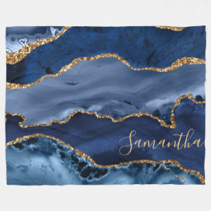 Navy Blue and Faux Gold Glitter Marble Agate Fleece Blanket