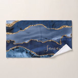 Navy Blue and Faux Gold Glitter Marble Agate Hand Towel