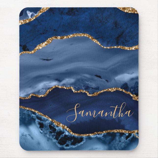 Navy Blue and Faux Gold Glitter Marble Agate Mouse Pad (Front)