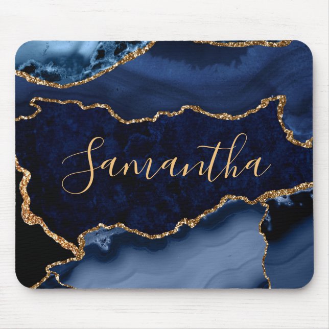 Navy Blue and Faux Gold Glitter Marble Agate Mouse Pad (Front)