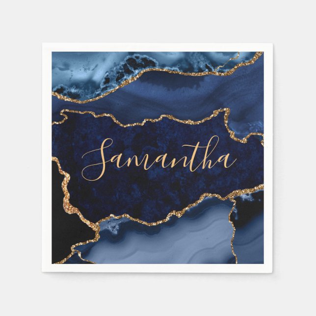 Navy Blue and Faux Gold Glitter Marble Agate Napkin (Front)