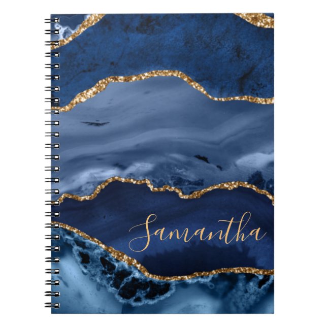 Navy Blue and Faux Gold Glitter Marble Agate Notebook (Front)