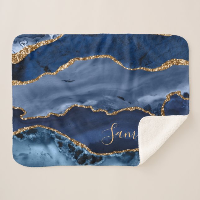 Navy Blue and Faux Gold Glitter Marble Agate  Sherpa Blanket (Front (Horizontal))