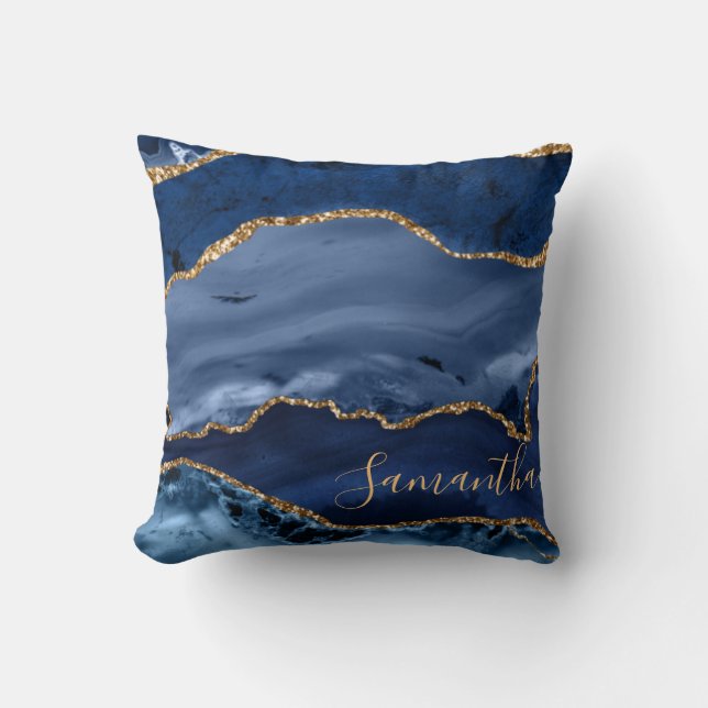 Navy Blue and Faux Gold Glitter Marble Agate  Throw Pillow (Front)