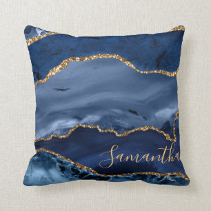 Navy Blue and Faux Gold Glitter Marble Agate Throw Pillow