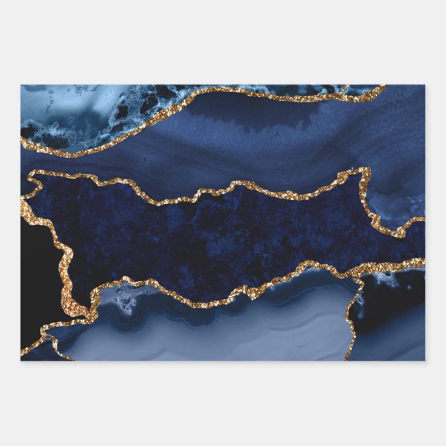 Navy Blue and Faux Gold Glitter Marble Agate Wrapping Paper Sheet (Front)