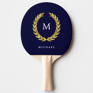 Navy Blue and Faux Gold Laurel Wreath   Monogram Ping Pong Paddle