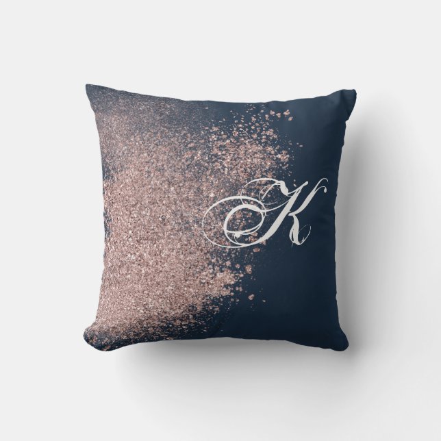Navy Blue and Faux Rose Gold Glitter Monogram Throw Pillow (Front)