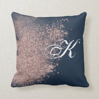 Navy Blue and Faux Rose Gold Glitter Monogram Throw Pillow