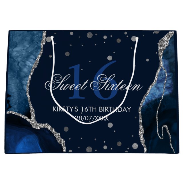 Navy Blue and Faux Silver Glitter Agate Sweet 16 Large Gift Bag (Front)