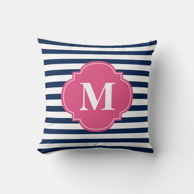 Navy Blue and Fuchsia Stripes Monogram Throw Pillow (Front)