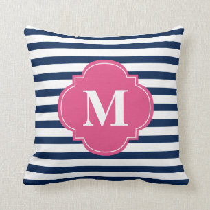 Navy Blue and Fuchsia Stripes Monogram Throw Pillow