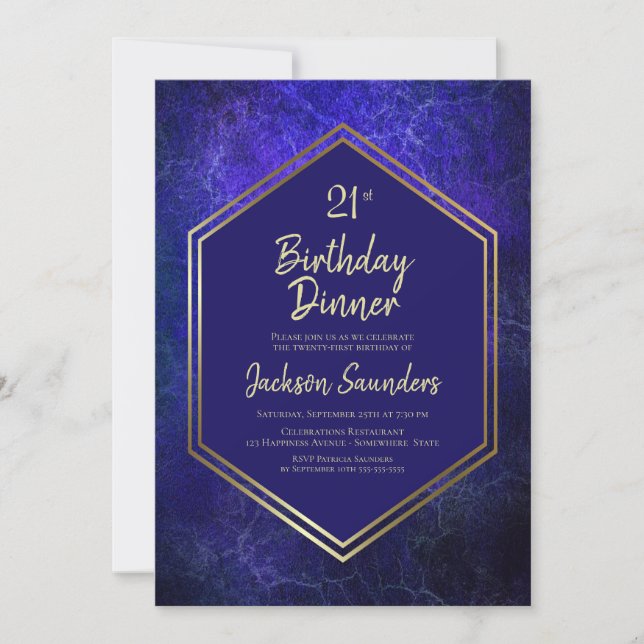 Navy Blue and Gold 21st Birthday Dinner Party Invitation (Front)