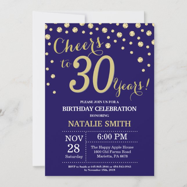 Navy Blue and Gold 30th Birthday Diamond Invitation (Front)