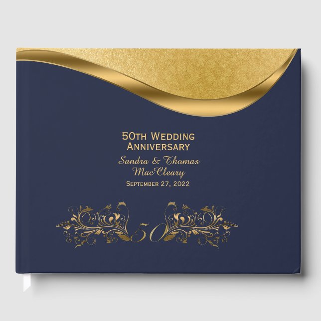 Navy Blue and Gold 50th Anniversary Custom Guest Book (Front)