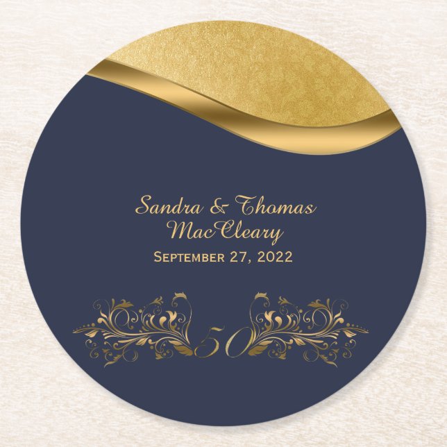 Navy Blue and Gold 50th Anniversary Custom Round Paper Coaster (Front)