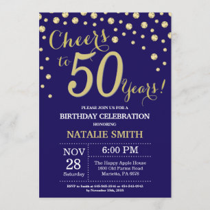 Navy Blue and Gold 50th Birthday Diamond Invitation