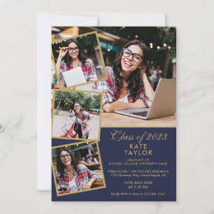 Navy Blue And Gold 5 Photo Graduation Party Invitation