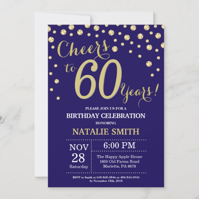 Navy Blue and Gold 60th Birthday Diamond Invitation (Front)