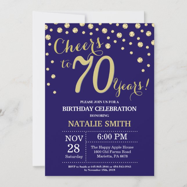 Navy Blue and Gold 70th Birthday Diamond Invitation (Front)