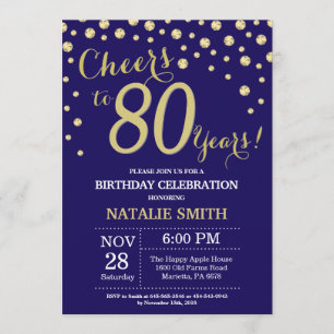Navy Blue and Gold 80th Birthday Diamond Invitation