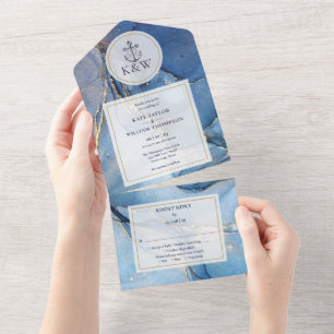 Navy Blue And Gold Agate Anchor Nautical Wedding All In One Invitation
