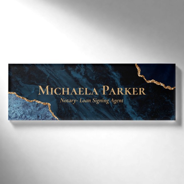 Navy Blue and Gold Agate Geode Name Tag (Front)