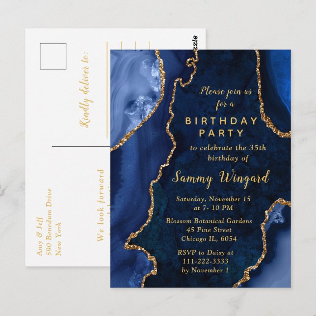 Navy Blue and Gold Agate Marble Birthday Party Postcard (Front/Back)