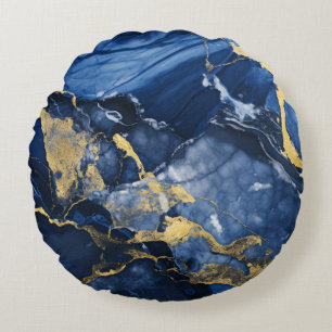 Navy Blue and Gold Agate Marble Round Pillow