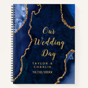 Navy Blue and Gold Agate Marble Wedding Notebook