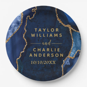 Navy Blue and Gold Agate Marble Wedding Paper Plate