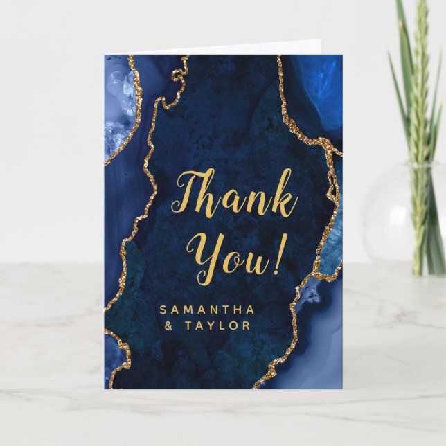 Navy Blue and Gold Agate Marble Wedding Thank You Card (Front)